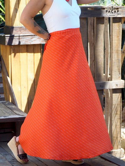 red midi skirt with flared waistband, white stripes motif