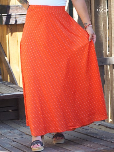 women's long red wrap skirt in striped fabric