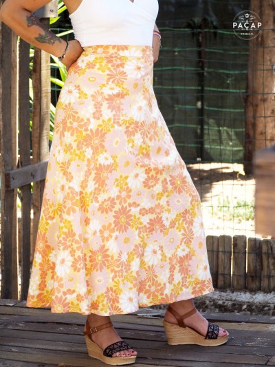 long yellow wrap skirt with flower print in viscose