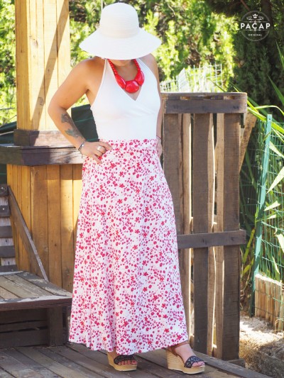 women's pink wrap skirt with liberty print tie waistband