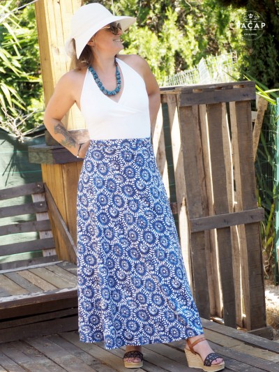 long blue skirt with African mandala print