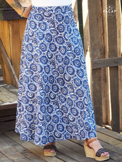 high-waisted blue ethnic print wrap midi skirt
