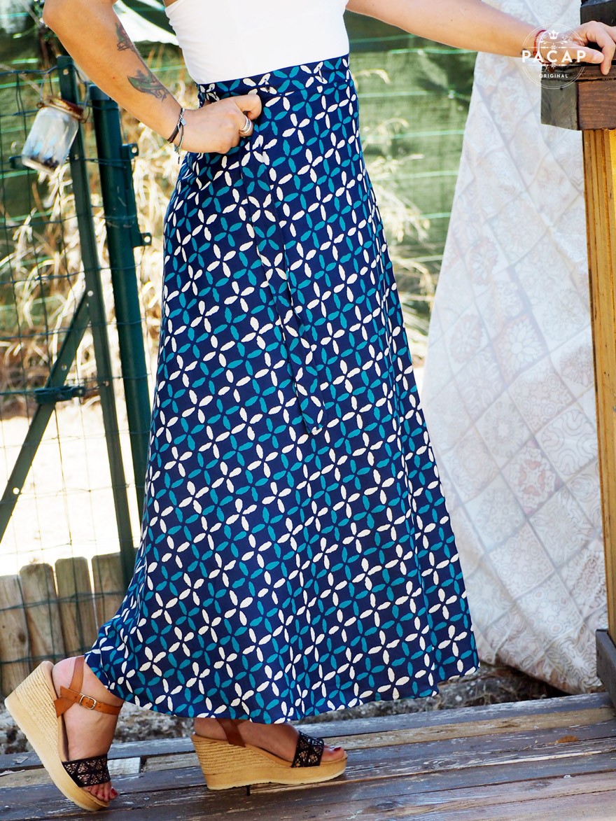 jupe longue portefeuille bleue pour femme