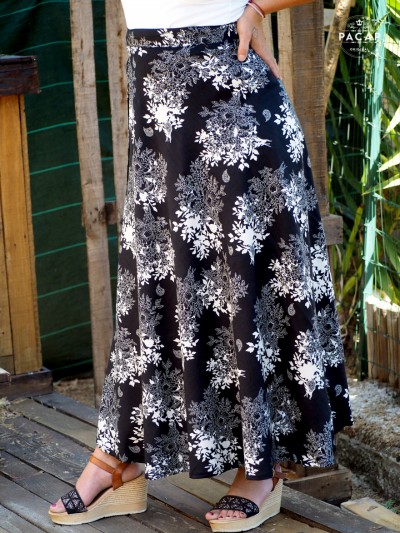 Long black floral print wrap skirt