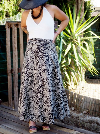 women's paisley print long black skirt