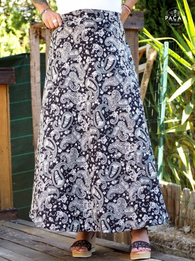 women's black midi skirt with tie in printed slit-cut viscose