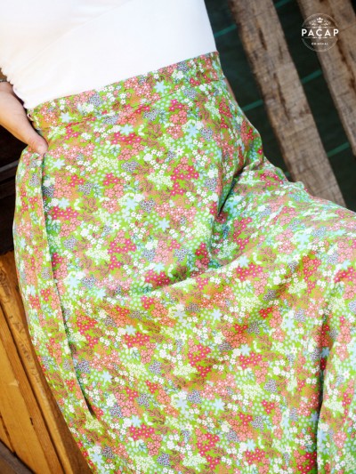 jupe portefeuille taille haute verte fleurie