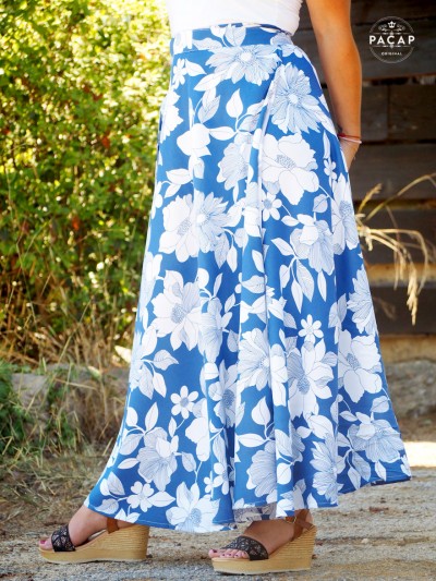 women's blue midi skirt with white flower print