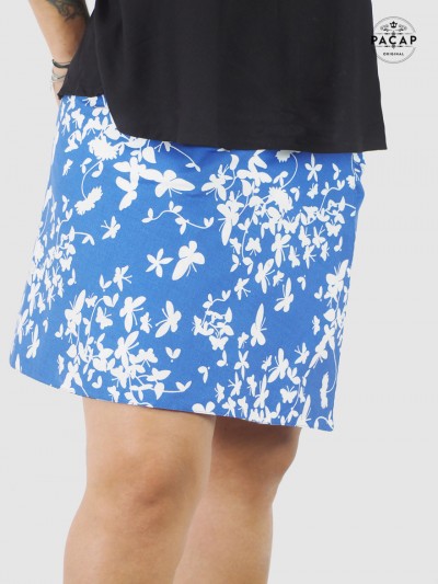 one-size-fits-all blue skirt with white butterfly pattern for women