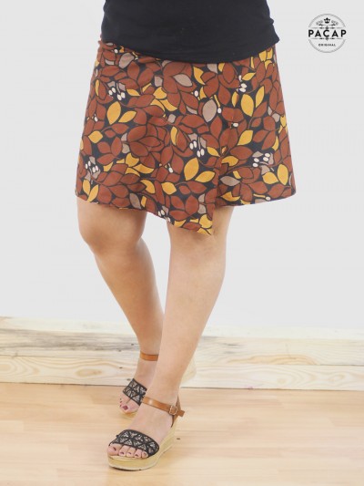 brown floral trapeze skirt with adjustable waistband