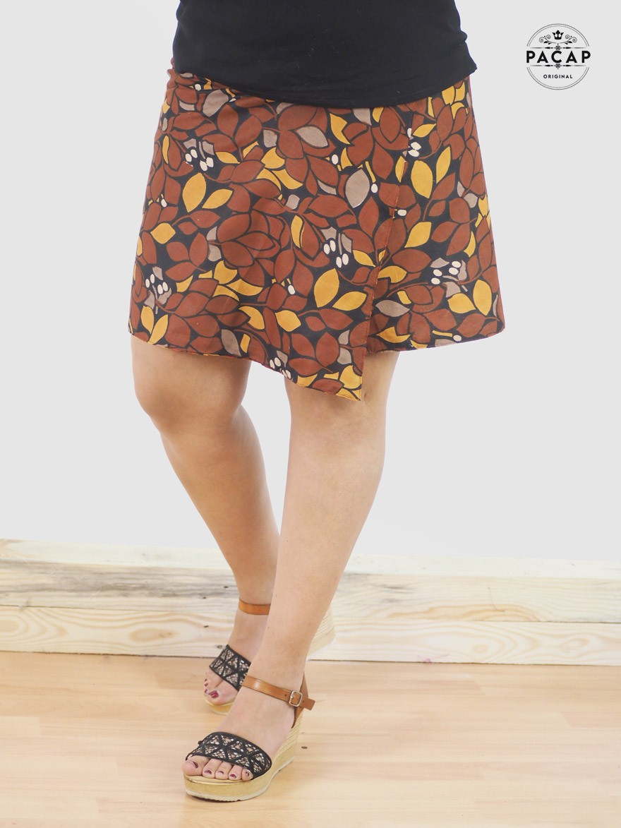 brown floral trapeze skirt with adjustable waistband