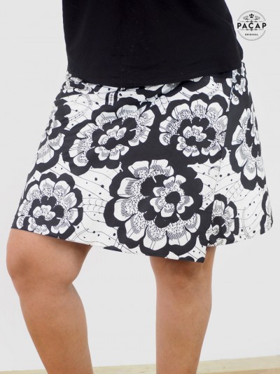 BLACK AND WHITE SKIRT WITH BIG FLOWERS reversible wrap skirt for women