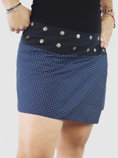 short navy blue trapeze skirt with white polka dots