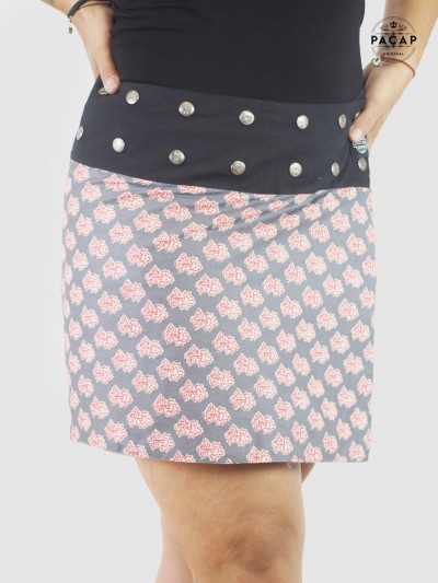 women's adjustable-waist gray skirt cotton print