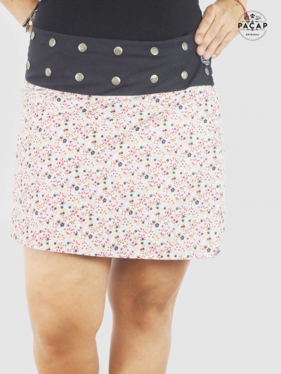 Light grey liberty print skirt High waist snap belt