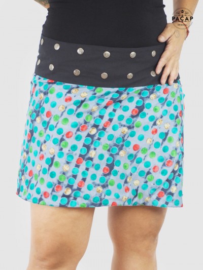 women's blue wrap skirt with multicolored polka dots