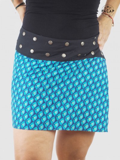 blue mini skirt with snap fasteners