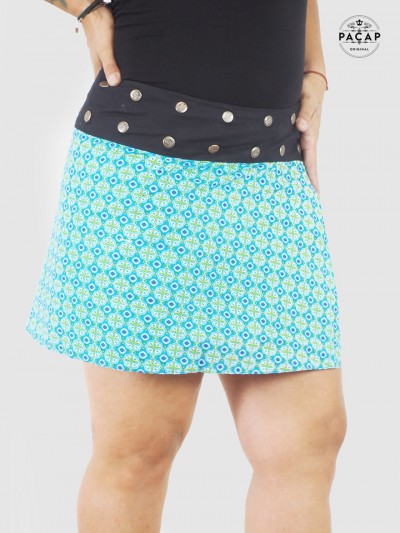 green ethnic print short skirt