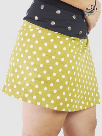 short green skirt with white polka dot print reversible adjustable waistband