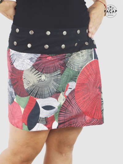 women's red straight mini skirt with ethnic cotton pattern