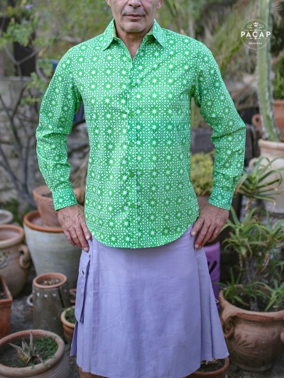 chemise manche longue verte imprimé fantaisie ethnique avec kilt pour homme
