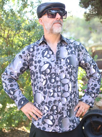 original black and grey men's shirt with leather beret and sunglasses