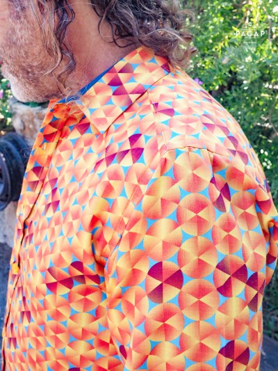 Men's retro funky blue shirt with red orange polka dot pattern
