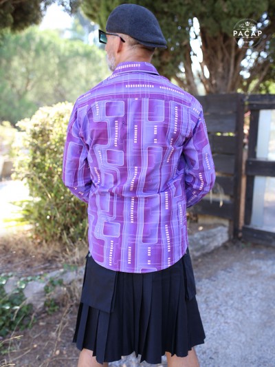 original men's fitted shirt in blue, purple and pink fantasy print, long sleeves with digital pattern