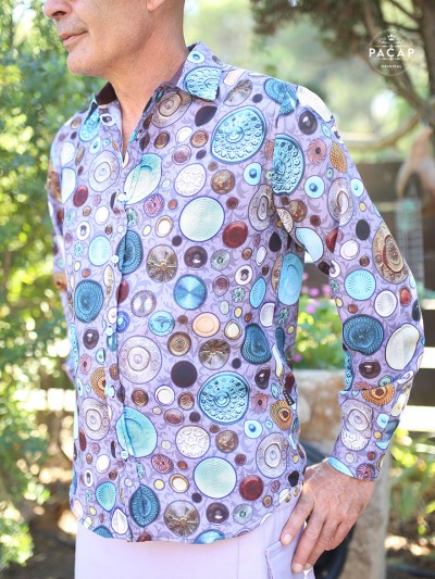 chemise originale homme imprimé en cotonavec kilt bleue lavande violet