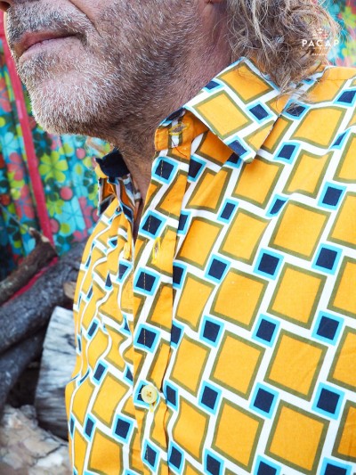 men's shirt orange check pattern button-down collar