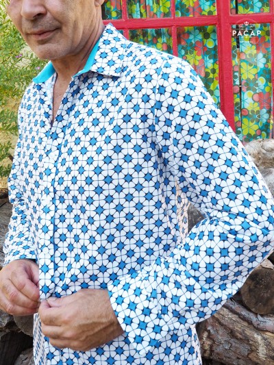 classic blue long-sleeve printed shirt for men