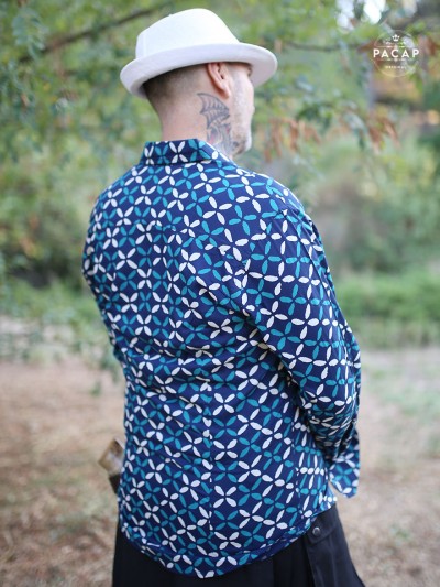 chemise bleue marine imprimé géometrique pour homme, chemise en viscose, chemise fluide