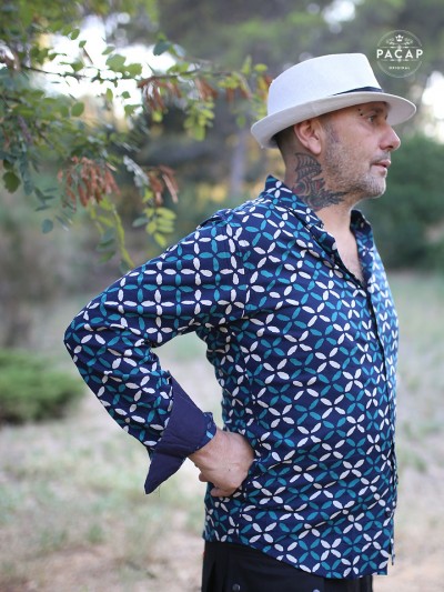 navy blue micro geometric pattern long sleeve fluid shirt, original shirt, fancy shirt