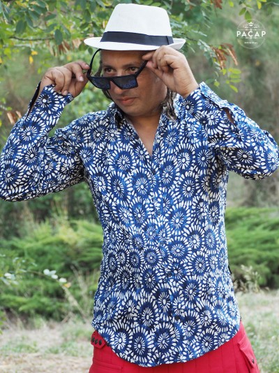 chemise ethnique bleue pour homme motif cerles aborigènes tribale col pointu, chemise satiné, chemise en viscose