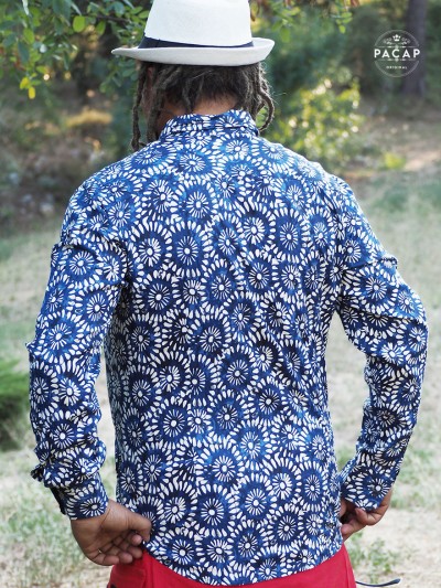 ethnic blue flowing shirt with african wax mandala pattern in viscose, fancy shirt, original shirt