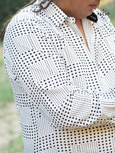 original white shirt with black polka dots and square illusionist pattern, checks, window, white shirt