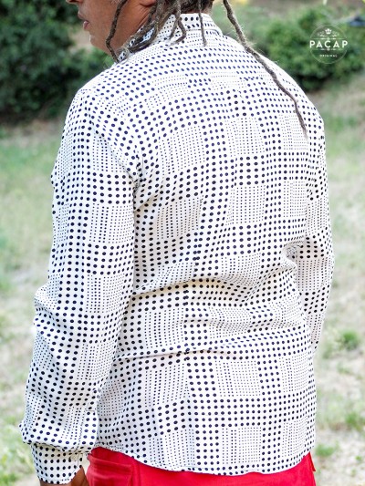 white fluid shirt with black polka dot print check for men, black and white shirt, long sleeve shirt
