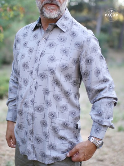 original grey floral shirt in neutral tones, long sleeves