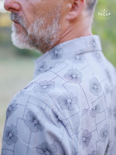 men's grey viscose shirt with flower print, slim fit, lightweight flowing shirt