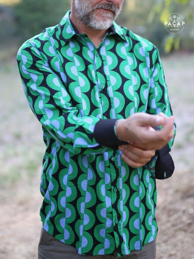 men's green shirt with vintage disco motif old school long sleeves with colored lapel collar and cuffs