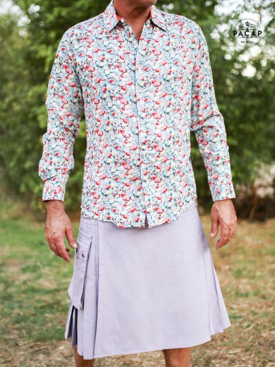 man in blue kilt with pocket and original printed shirt by PACAP