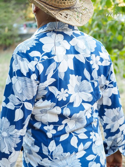 blue shirt with big white flowers for men, printed viscose shirt, floral shirt