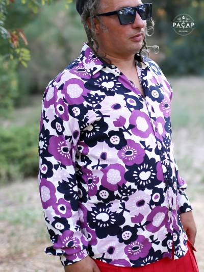 Chemise florale mauve, chemise a grosse fleurs bleues et violettes, chemise décontractée, chemise fleurie