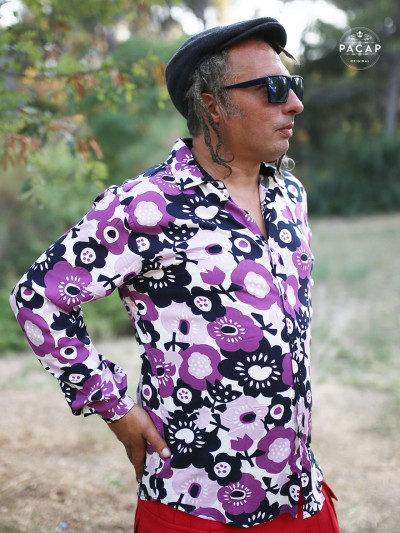 chemise violette a fleurs, chemise manches longue, chemise magnum, chemise hawaienne
