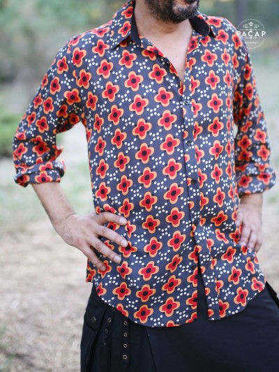 hippie shirt for men, orange floral pattern, viscose shirt