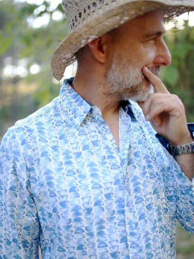 blue casual sport shirt; half-circle printed fluid fabric, blue rayon top for men