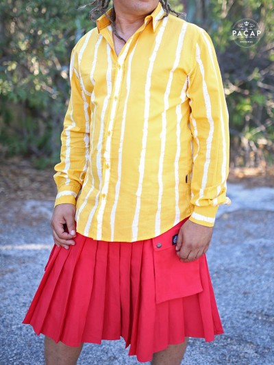 lemon yellow shirt bayadere white stripes with skirt man red kilt with pocket
