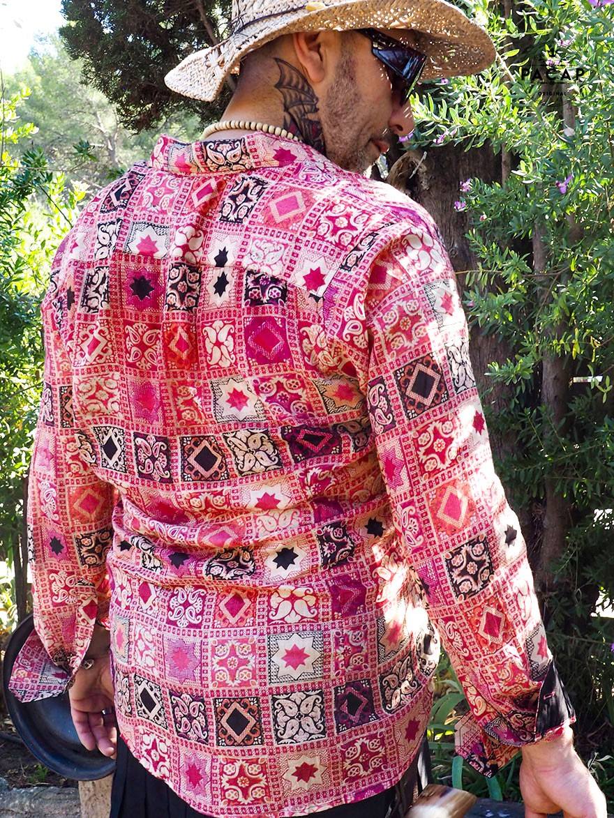 chemise homme ethnique transparente rouge imprimée patchwork légère ultra fine