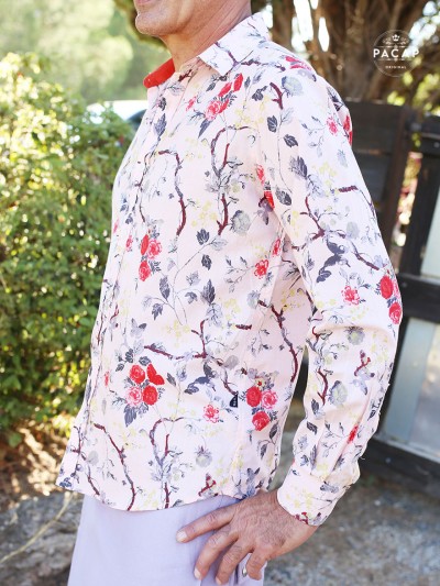 quality men's long-sleeved shirt with sophisticated floral print in pink, red and burgundy motif