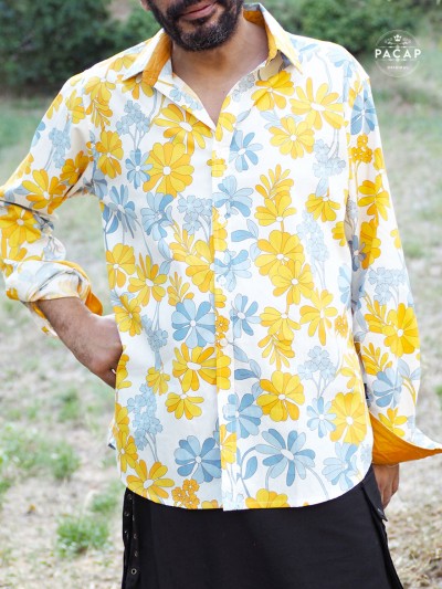 men's long-sleeved white shirt with blue and yellow flower pattern